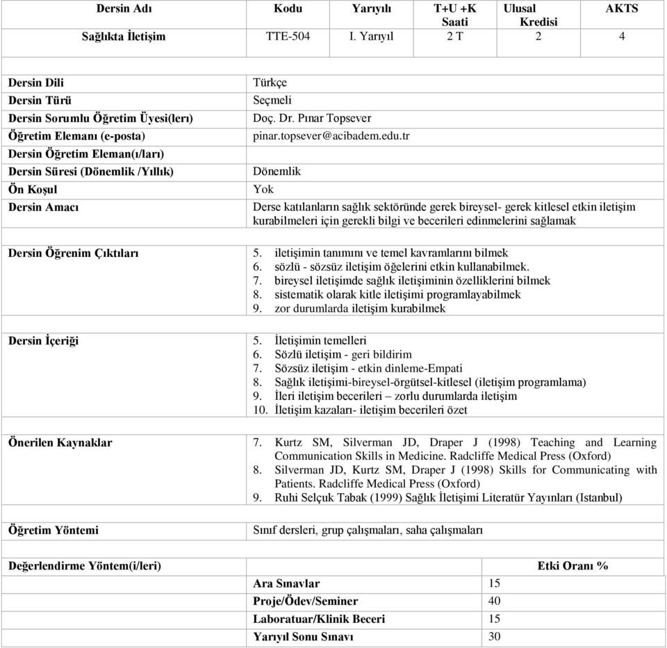 iletişimin tanımını ve temel kavramlarını bilmek 6. sözlü - sözsüz iletişim öğelerini etkin kullanabilmek. 7. bireysel iletişimde sağlık iletişiminin özelliklerini bilmek 8.