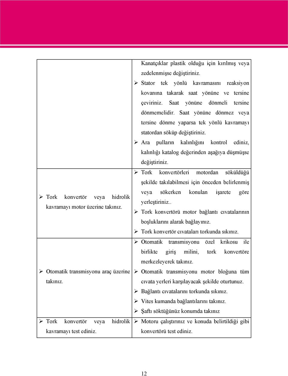 Saat yönüne dönmeli tersine dönmemelidir. Saat yönüne dönmez veya tersine dönme yaparsa tek yönlü kavramayı statordan söküp değiştiriniz.