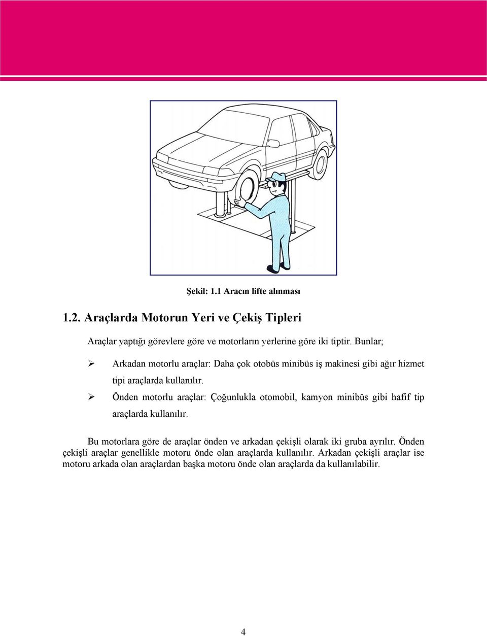 Önden motorlu araçlar: Çoğunlukla otomobil, kamyon minibüs gibi hafif tip araçlarda kullanılır.