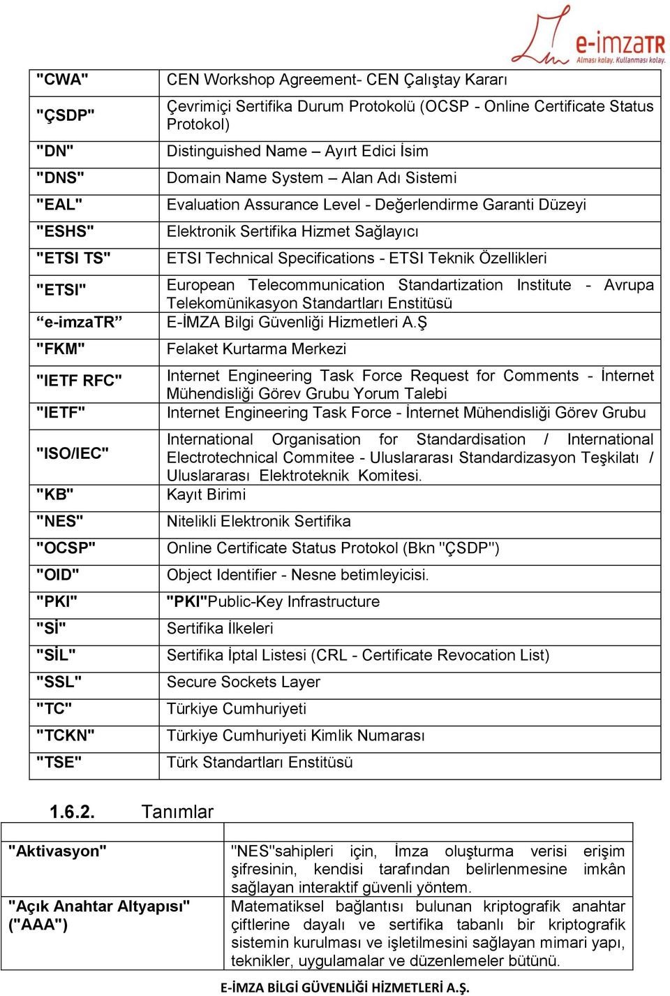 Değerlendirme Garanti Düzeyi Elektronik Sertifika Hizmet Sağlayıcı ETSI Technical Specifications - ETSI Teknik Özellikleri European Telecommunication Standartization Institute - Avrupa