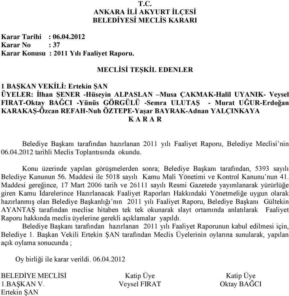 06042012 tarihli Meclis Toplantısında okundu Konu üzerinde yapılan görüşmelerden sonra; Belediye Başkanı tarafından, 5393 sayılı Belediye Kanunun 56 Maddesi ile 5018 sayılı Kamu Mali Yönetimi ve