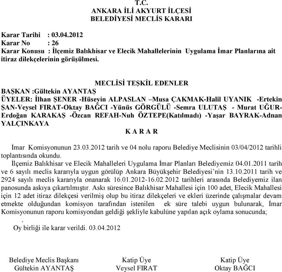 Komisyonunun 23032012 tarih ve 04 nolu raporu Belediye Meclisinin 03/04/2012 tarihli toplantısında okundu İlçemiz Balıkhisar ve Elecik Mahalleleri Uygulama İmar Planları Belediyemiz 04012011 tarih ve