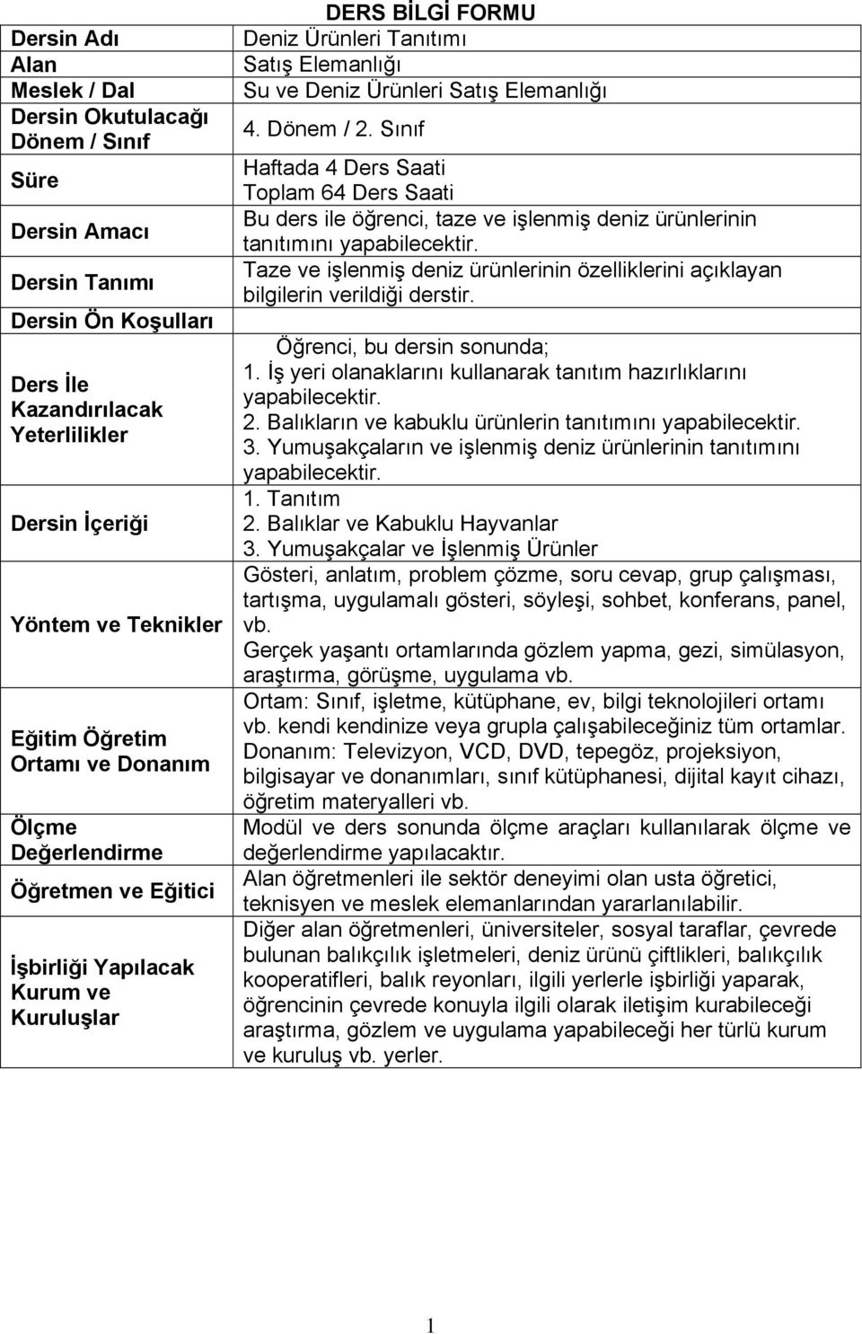 Elemanlığı 4. Dönem / 2. Sınıf Haftada 4 Ders Saati Toplam 64 Ders Saati Bu ders ile öğrenci, taze ve işlenmiş deniz ürünlerinin tanıtımını yapabilecektir.