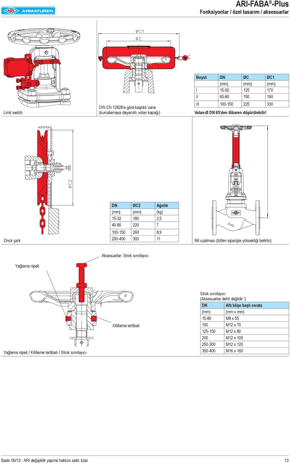 Zincir çark DN ØC2 Ağırlık (mm) (mm) (kg) 15-32 180 2,5 40-80 220 7 100-150 260 8,9 200-400 300 11 Mil uzatması (lütfen siparişte yüksekliği belirtin) Aksesuarlar: Strok