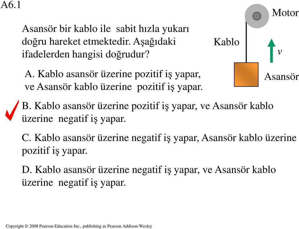 Kablo asansör üzerine negatif iş yapar, Asansör kablo üzerine pozitif iş yapar. D.