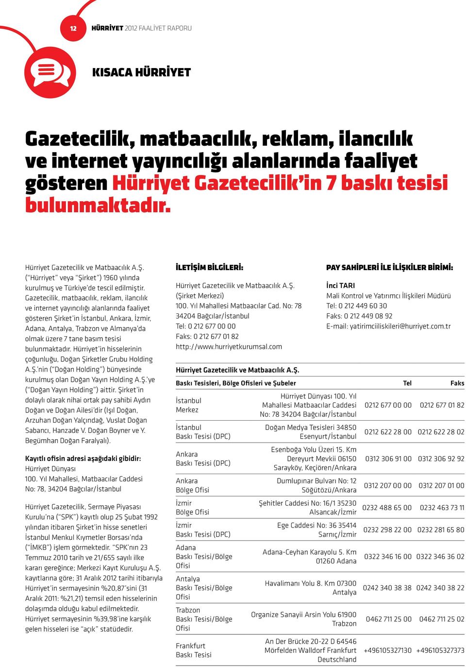 Gazetecilik, matbaacılık, reklam, ilancılık ve internet yayıncılığı alanlarında faaliyet gösteren Şirket in İstanbul, Ankara, İzmir, Adana, Antalya, Trabzon ve Almanya da olmak üzere 7 tane basım