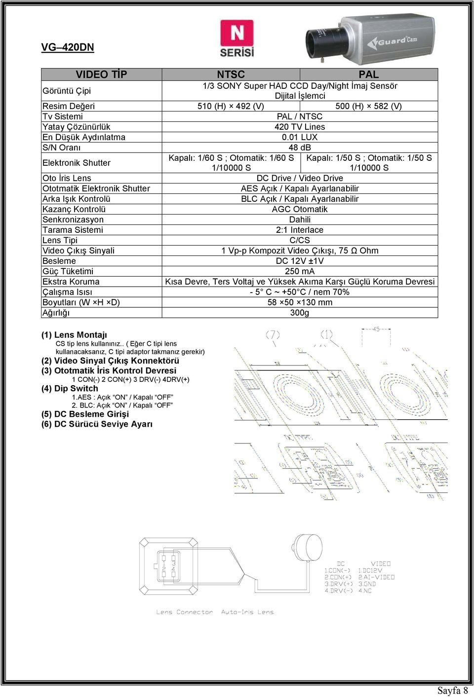 01 LUX S/N Oranı 48 db Elektronik Shutter Kapalı: 1/60 S ; Otomatik: 1/60 S Kapalı: 1/50 S ; Otomatik: 1/50 S 1/10000 S 1/10000 S Oto İris Lens DC Drive / Video Drive Ototmatik Elektronik Shutter AES