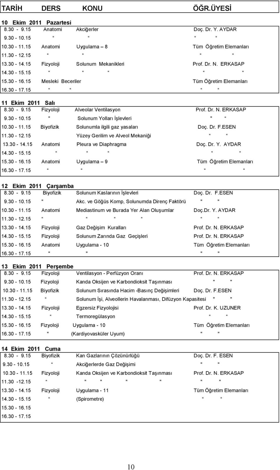 15 Biyofizik Solunumla ilgili gaz yasaları Doç. Dr. F.ESEN 11.30-12.15 Yüzey Gerilim ve Alveol Mekaniği 13.30-14.15 Anatomi Pleura ve Diaphragma Doç. Dr. Y. AYDAR Anatomi Uygulama 9 Tüm Öğretim Elemanları 12 Ekim 2011 Çarşamba Biyofizik Solunum Kaslarının İşlevleri Doç.