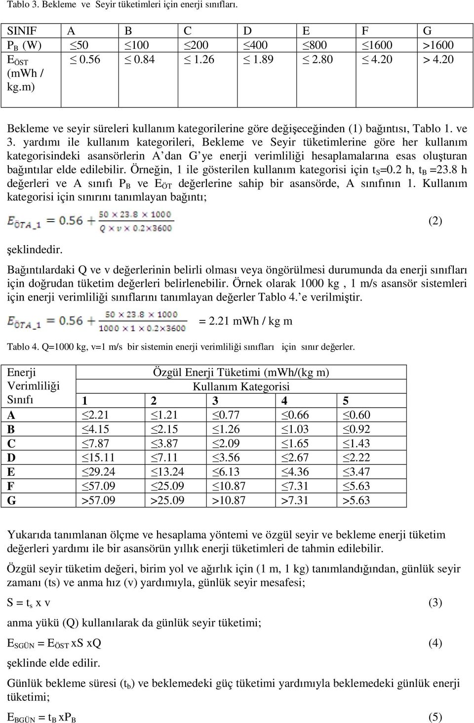 yardımı ile kullanım kategorileri, Bekleme ve Seyir tüketimlerine göre her kullanım kategorisindeki asansörlerin A dan G ye enerji verimliliği hesaplamalarına esas oluşturan bağıntılar elde