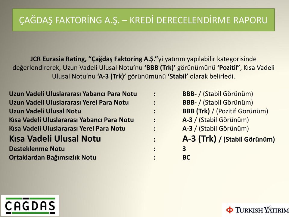 KREDİ DERECELENDİRME RAPORU JCR Eurasia Rating, Çağdaş Faktoring A.Ş.