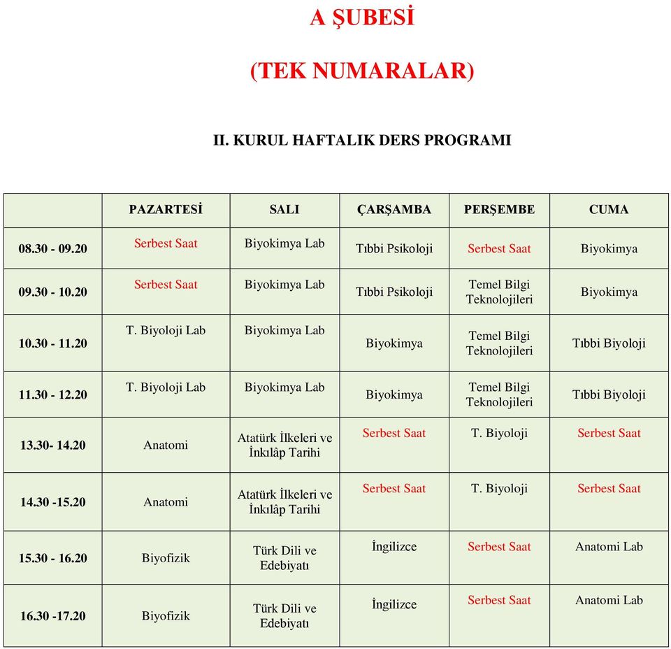 30-14.20 Anatomi Atatürk İlkeleri ve İnkılâp Tarihi Serbest Saat T. Biyoloji Serbest Saat 14.30-15.20 Anatomi Atatürk İlkeleri ve İnkılâp Tarihi Serbest Saat T. Biyoloji Serbest Saat 15.30-16.