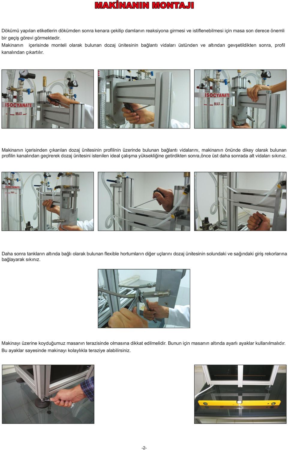 profilinin üzerinde bulunan bağlantı vidalarını, makinanın önünde dikey olarak bulunan profilin kanalından geçirerek dozaj ünitesini istenilen ideal çalışma yüksekliğine getirdikten sonra,önce üst