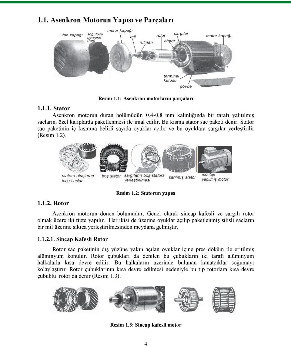 Stator sac paketinin iç kısmına belirli sayıda oyuklar açılır ve bu oyuklara sargılar yerleştirilir (Resim 1.2). 1.1.2. Rotor Resim 1.2: Statorun yapısı Asenkron motorun dönen bölümüdür.