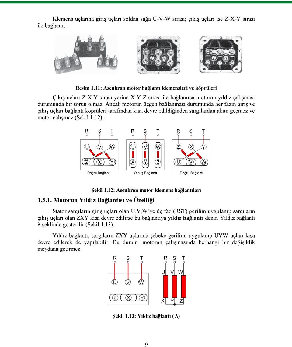 Ancak motorun üçgen bağlanması durumunda her fazın giriş ve çıkış uçları bağlantı köprüleri tarafından kısa devre edildiğinden sargılardan akım geçmez ve motor çalışmaz (Şekil 1.12). Şekil 1.