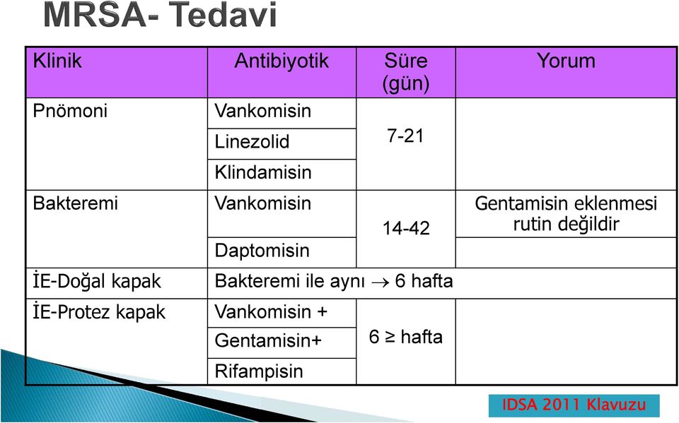 Bakteremi ile aynı 6 hafta İE-Protez kapak Vankomisin + Gentamisin+