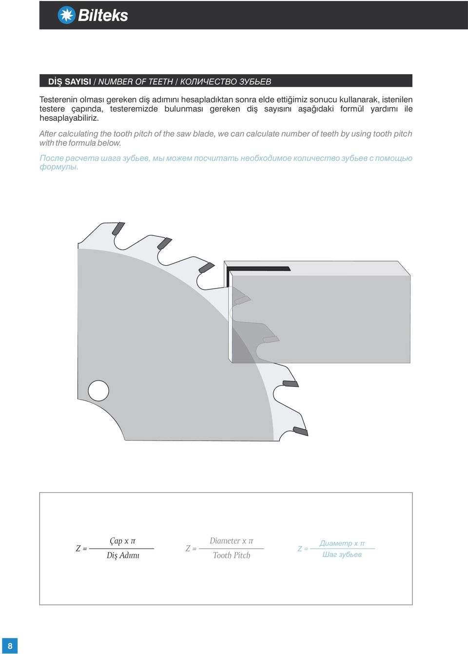 After calculating the tooth pitch of the saw blade, we can calculate number of teeth by using tooth pitch with the formula below.