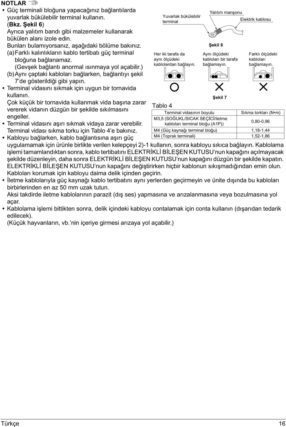 ) (b)aynı çaptaki kabloları bağlarken, bağlantıyı şekil 7 de gösterildiği gibi yapın. Terminal vidasını sıkmak için uygun bir tornavida kullanın.