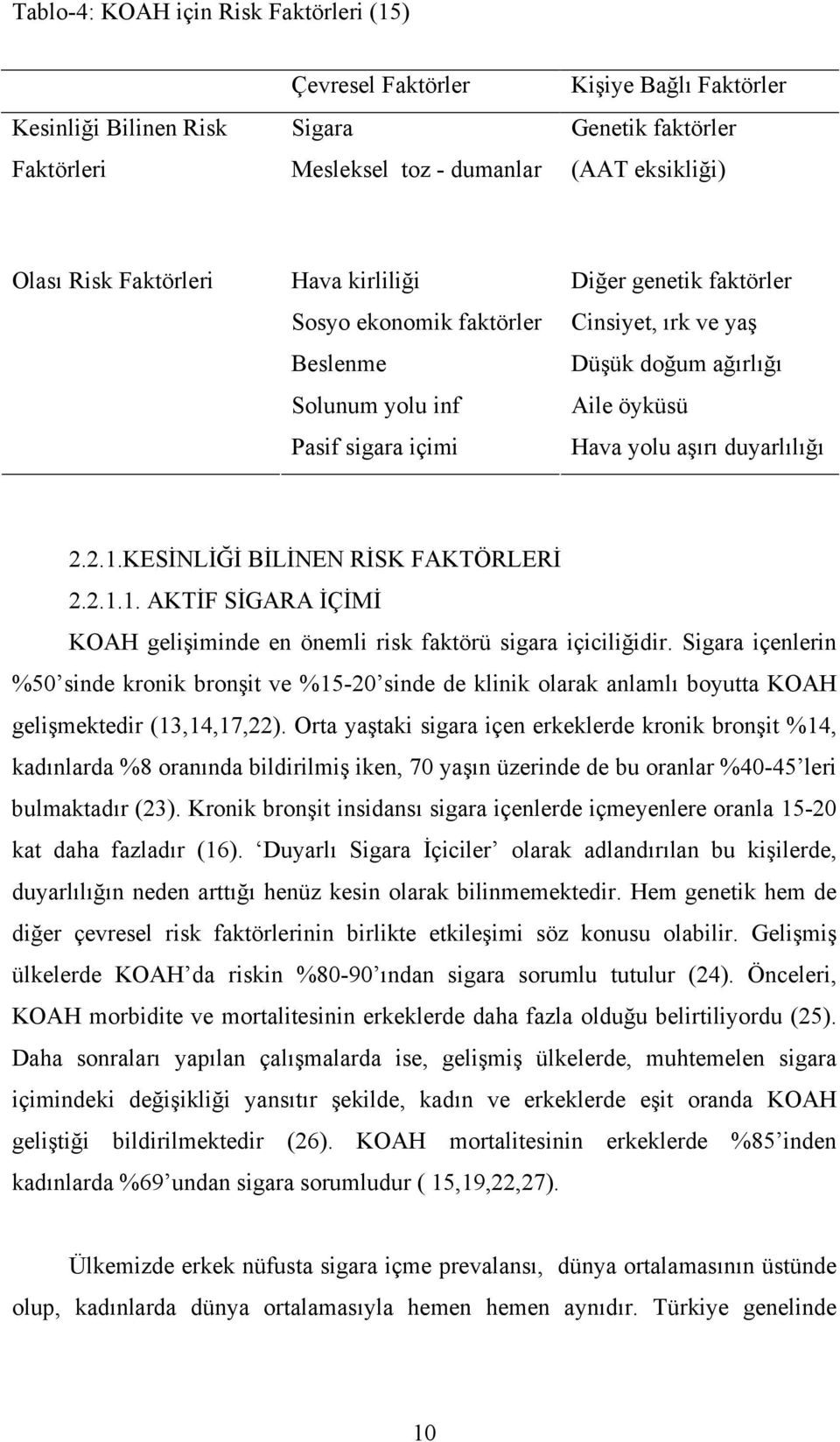 duyarlılığı 2.2.1.KESĐNLĐĞĐ BĐLĐNEN RĐSK FAKTÖRLERĐ 2.2.1.1. AKTĐF SĐGARA ĐÇĐMĐ KOAH gelişiminde en önemli risk faktörü sigara içiciliğidir.