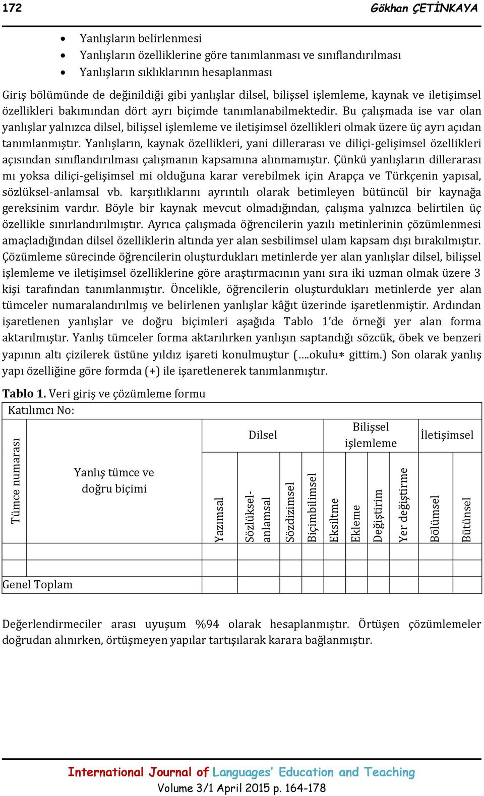 Bu çalışmada ise var olan yanlışlar yalnızca dilsel, bilişsel işlemleme ve iletişimsel özellikleri olmak üzere üç ayrı açıdan tanımlanmıştır.