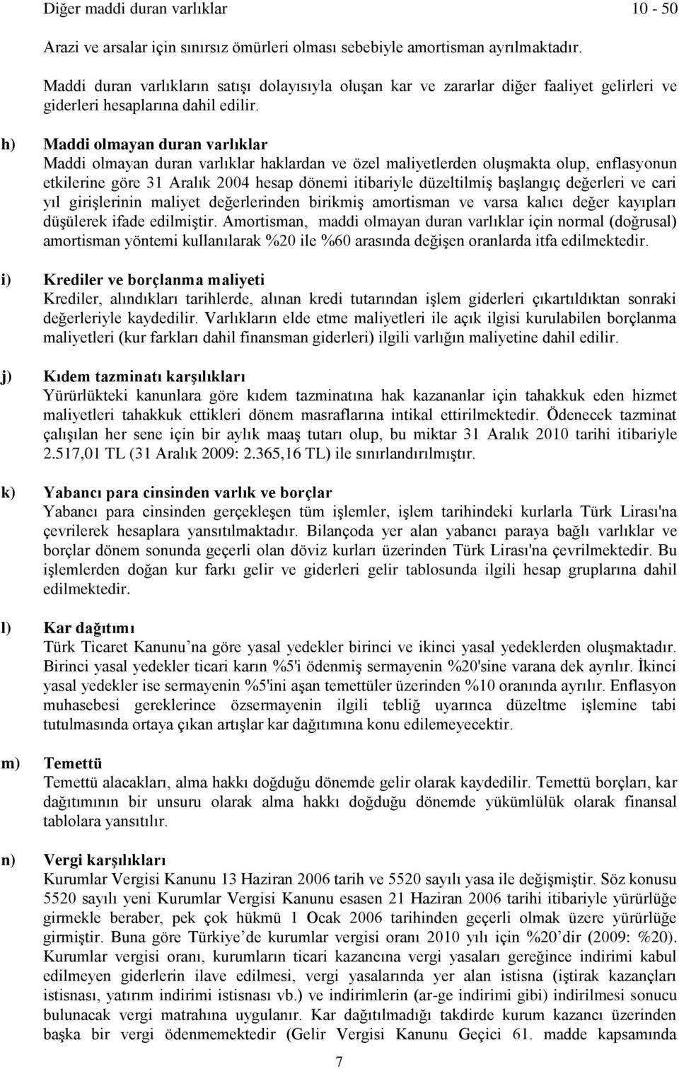 h) Maddi olmayan duran varlıklar Maddi olmayan duran varlıklar haklardan ve özel maliyetlerden oluşmakta olup, enflasyonun etkilerine göre 31 Aralık 2004 hesap dönemi itibariyle düzeltilmiş başlangıç