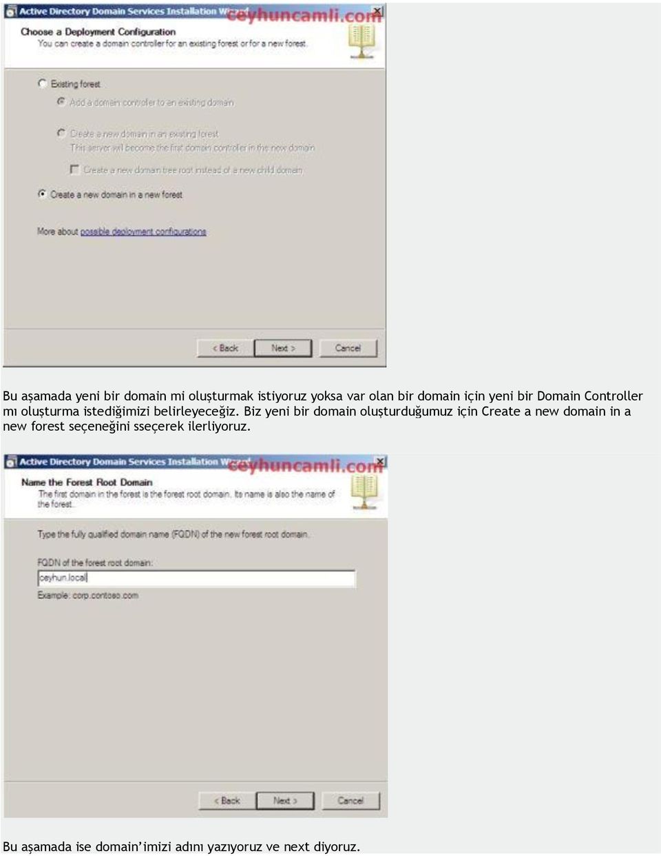 Biz yeni bir domain oluşturduğumuz için Create a new domain in a new forest