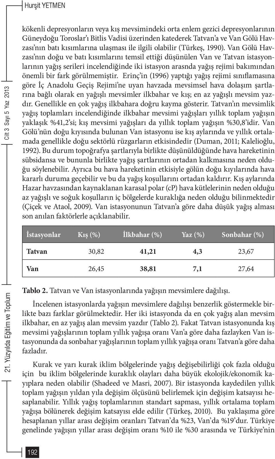 Van Gölü Havzası nın doğu ve batı kısımlarını temsil ettiği düşünülen Van ve Tatvan istasyonlarının yağış serileri incelendiğinde iki istasyon arasnda yağış reimi bakımından önemli bir fark