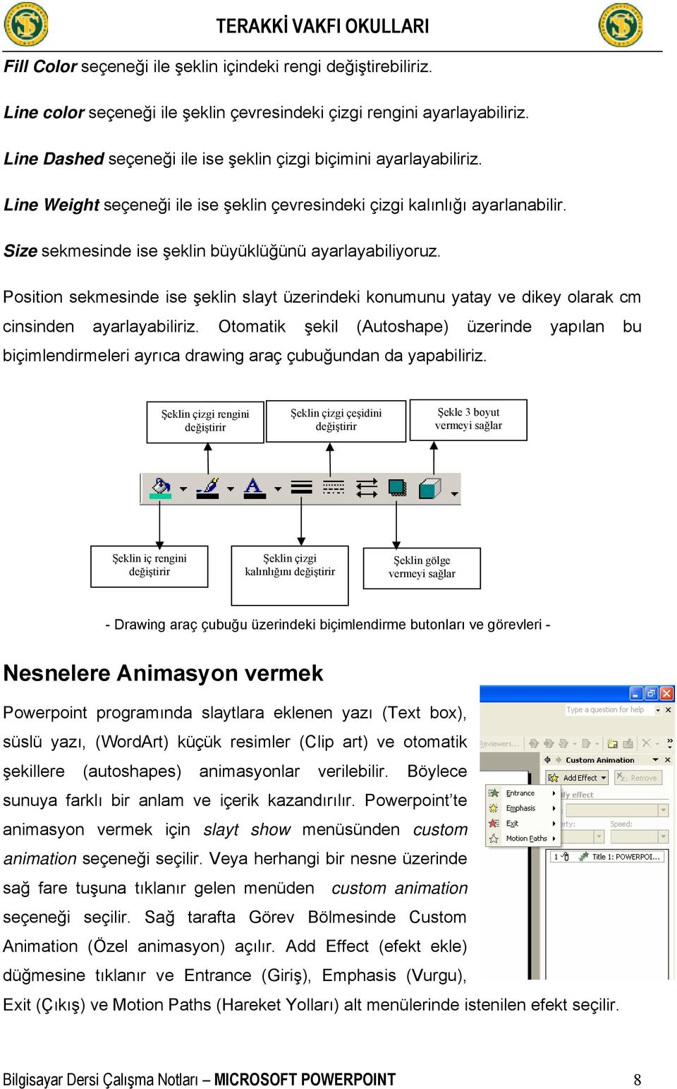 Size sekmesinde ise şeklin büyüklüğünü ayarlayabiliyoruz. Position sekmesinde ise şeklin slayt üzerindeki konumunu yatay ve dikey olarak cm cinsinden ayarlayabiliriz.