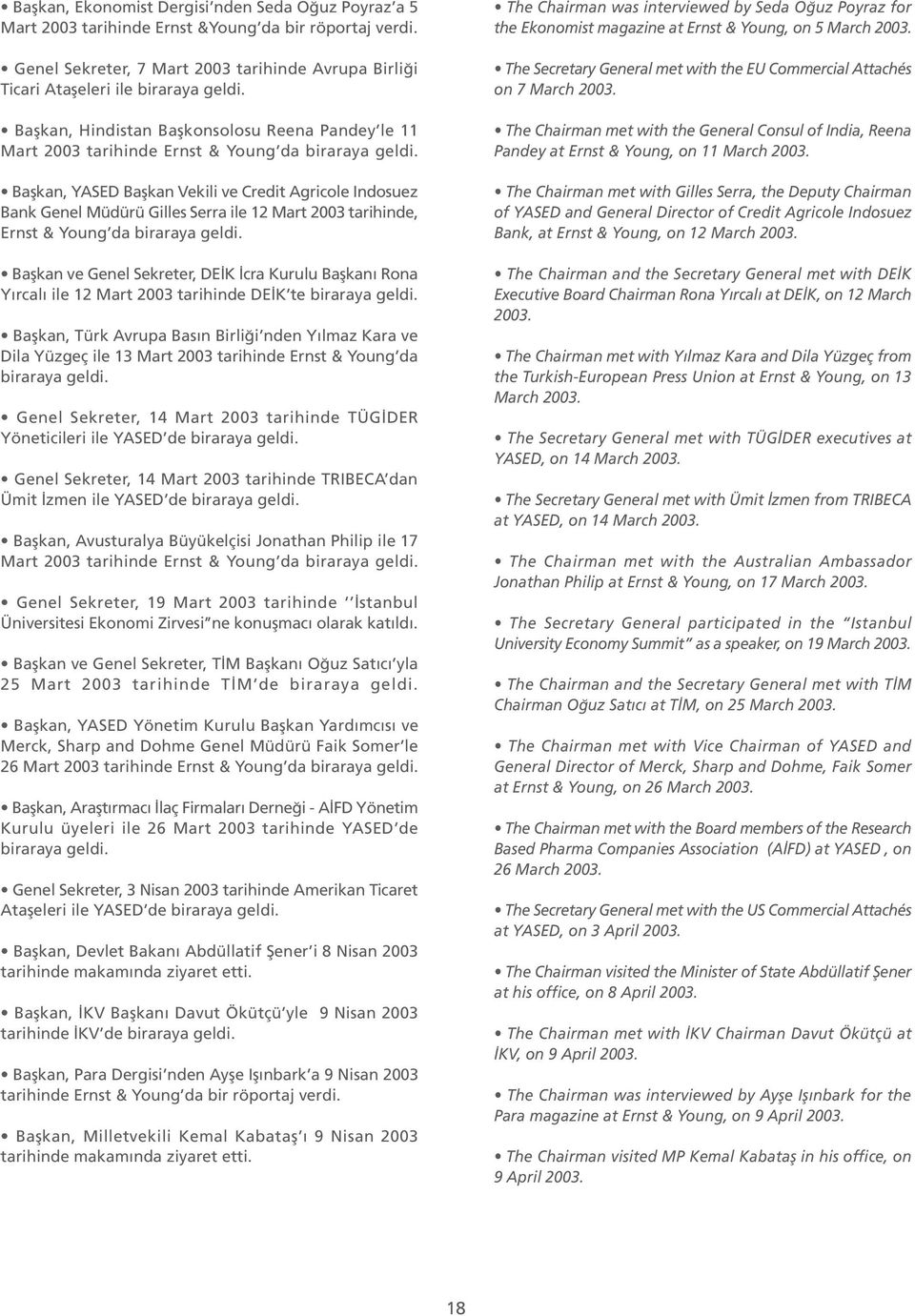 Başkan, YASED Başkan Vekili ve Credit Agricole Indosuez Bank Genel Müdürü Gilles Serra ile 12 Mart 2003 tarihinde, Ernst & Young da biraraya geldi.