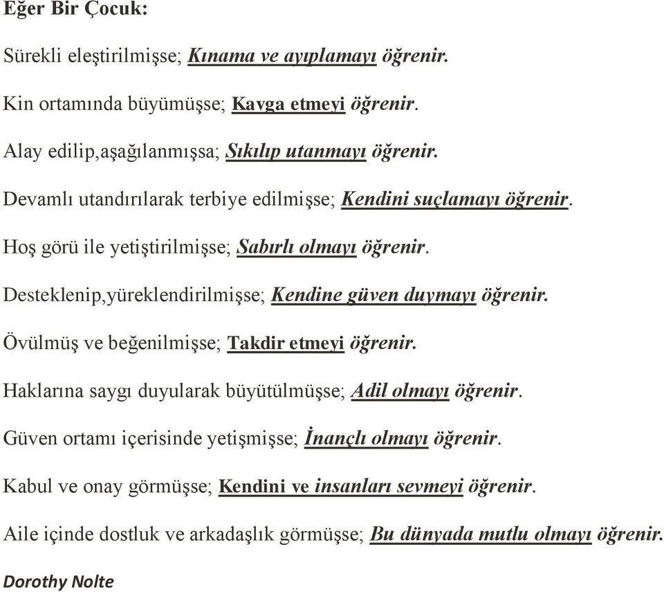 Desteklenip,yüreklendirilmişse; Kendine güven duymayı öğrenir. Övülmüş ve beğenilmişse; Takdir etmeyi öğrenir.