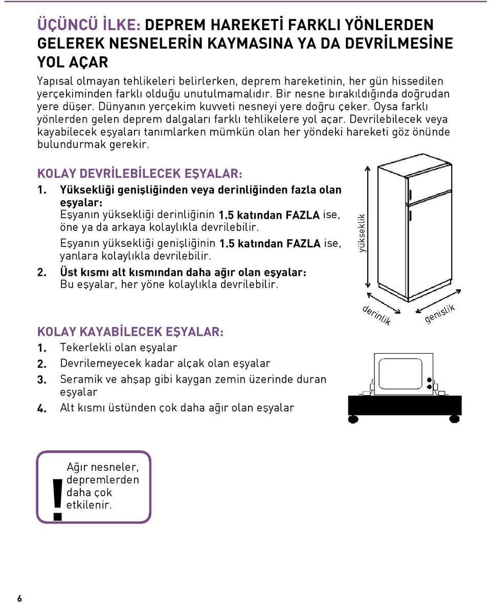 Devrilebilecek veya kayabilecek eflyalar tan mlarken mümkün olan her yöndeki hareketi göz önünde bulundurmak gerekir. KOLAY DEVR LEB LECEK EfiYALAR: 1.