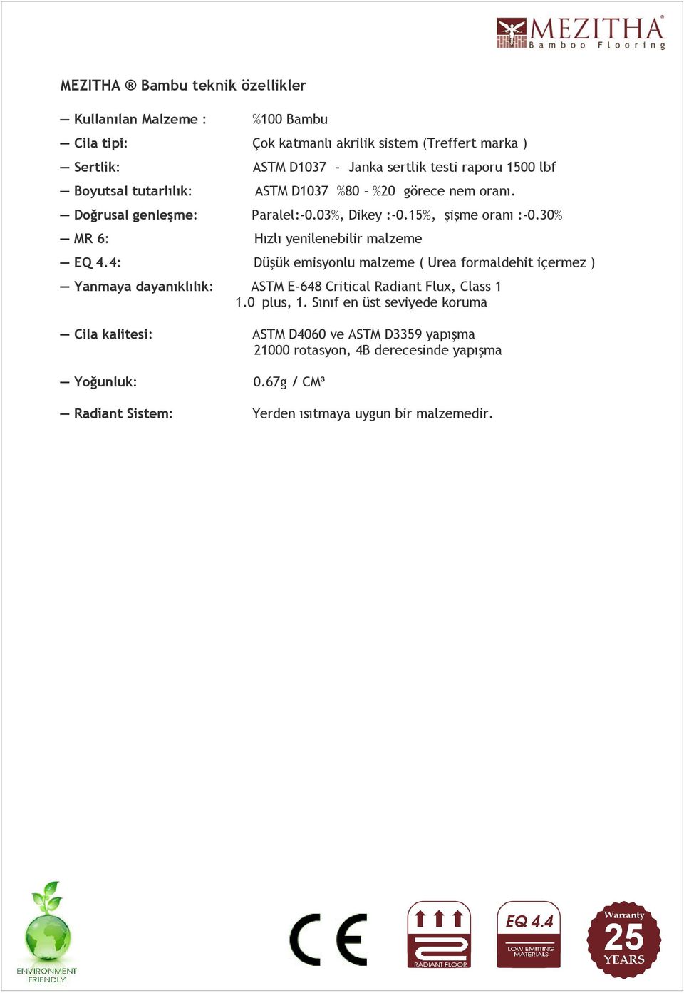 30% MR 6: Hızlı yenilenebilir malzeme EQ 4.4: Düşük emisyonlu malzeme ( Urea formaldehit içermez ) Yanmaya dayanıklılık: ASTM E-648 Critical Radiant Flux, Class 1 1.