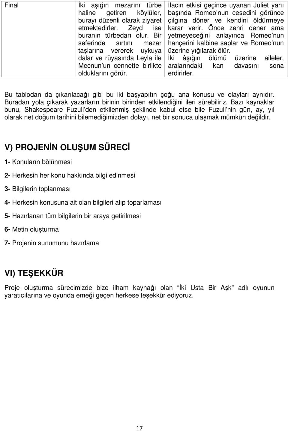 lacın etkisi geçince uyanan Juliet yanı baında Romeo nun cesedini görünce çılgına döner ve kendini öldürmeye karar verir.