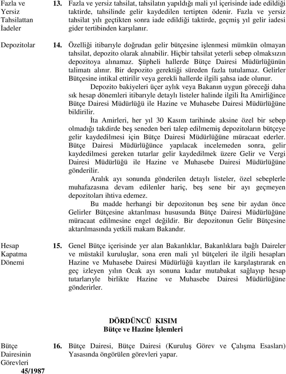 Fazla ve yersiz tahsilat yılı geçtikten sonra iade edildiği taktirde, geçmiş yıl gelir iadesi gider tertibinden karşılanır. 14.