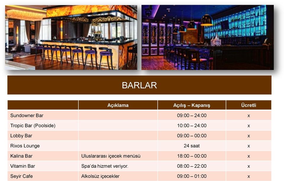 x Kalina Bar Uluslararası içecek menüsü 18:00 00:00 x Vitamin Bar Spa da