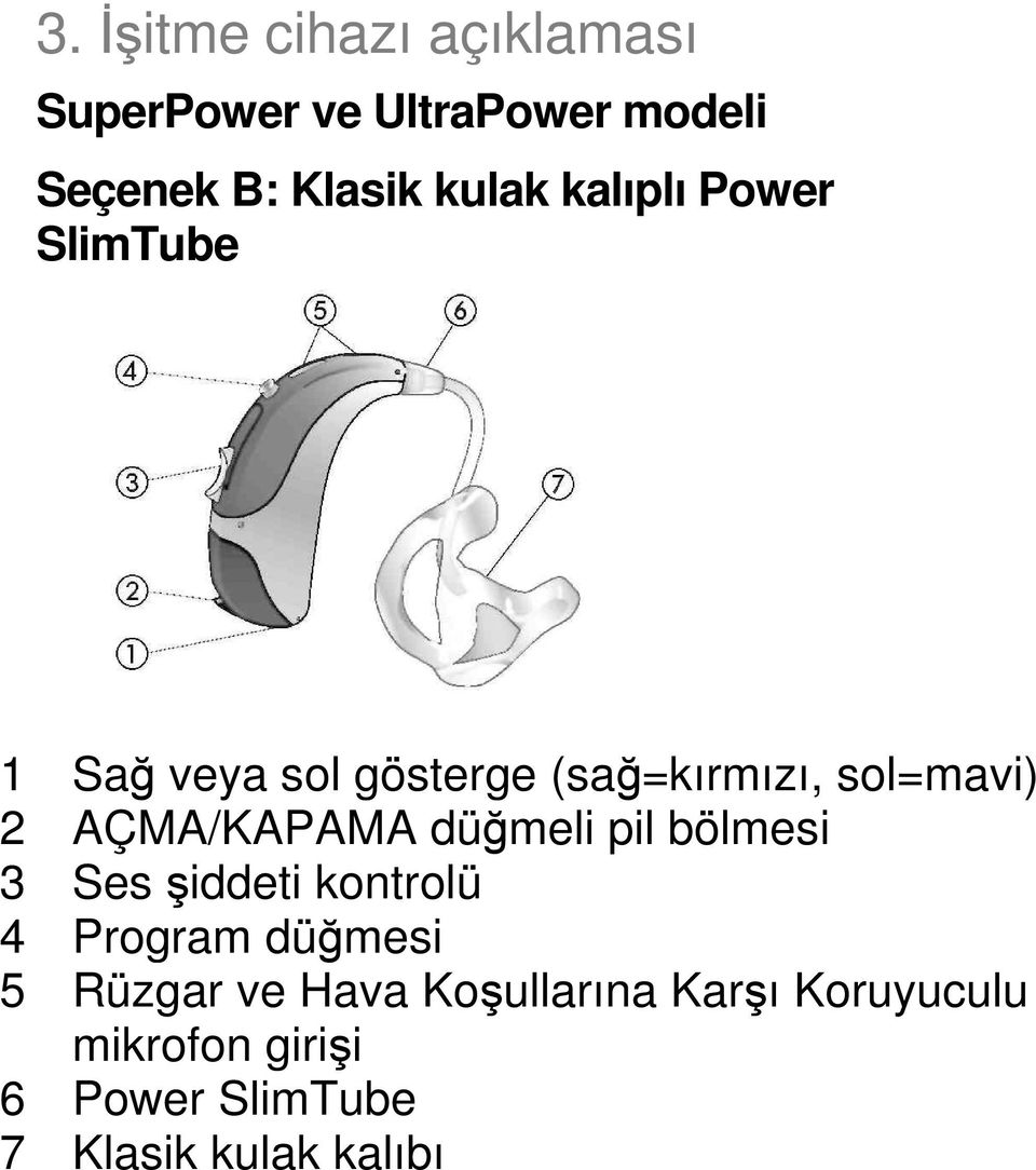 AÇMA/KAPAMA düğmeli pil bölmesi 3 Ses şiddeti kontrolü 4 Program düğmesi 5 Rüzgar