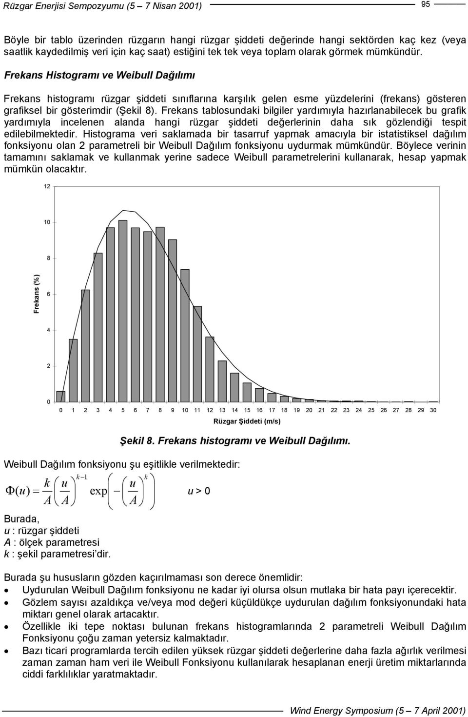 Frekans Histogramı ve Weibull Dağılımı Frekans histogramı rüzgar şiddeti sınıflarına karşılık gelen esme yüzdelerini (frekans) gösteren grafiksel bir gösterimdir (Şekil 8).