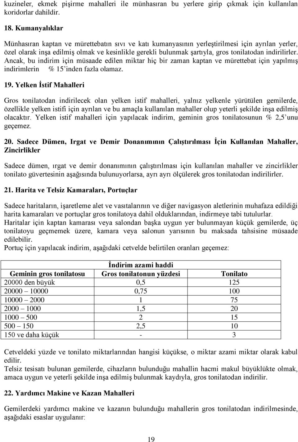 indirilirler. Ancak, bu indirim için müsaade edilen miktar hiç bir zaman kaptan ve mürettebat için yapılmış indirimlerin % 15 inden fazla olamaz. 19.