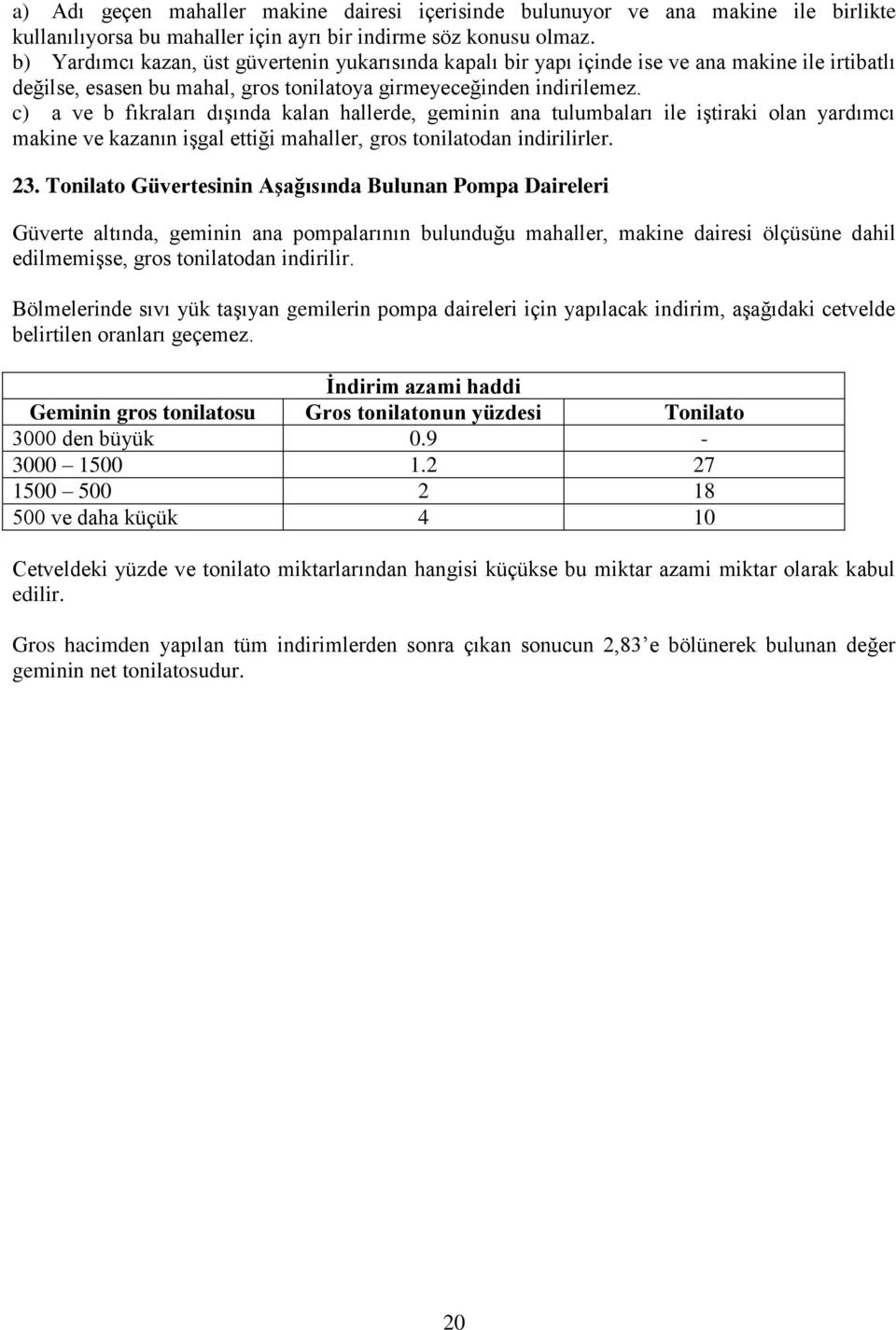 c) a ve b fıkraları dışında kalan hallerde, geminin ana tulumbaları ile iştiraki olan yardımcı makine ve kazanın işgal ettiği mahaller, gros tonilatodan indirilirler. 23.