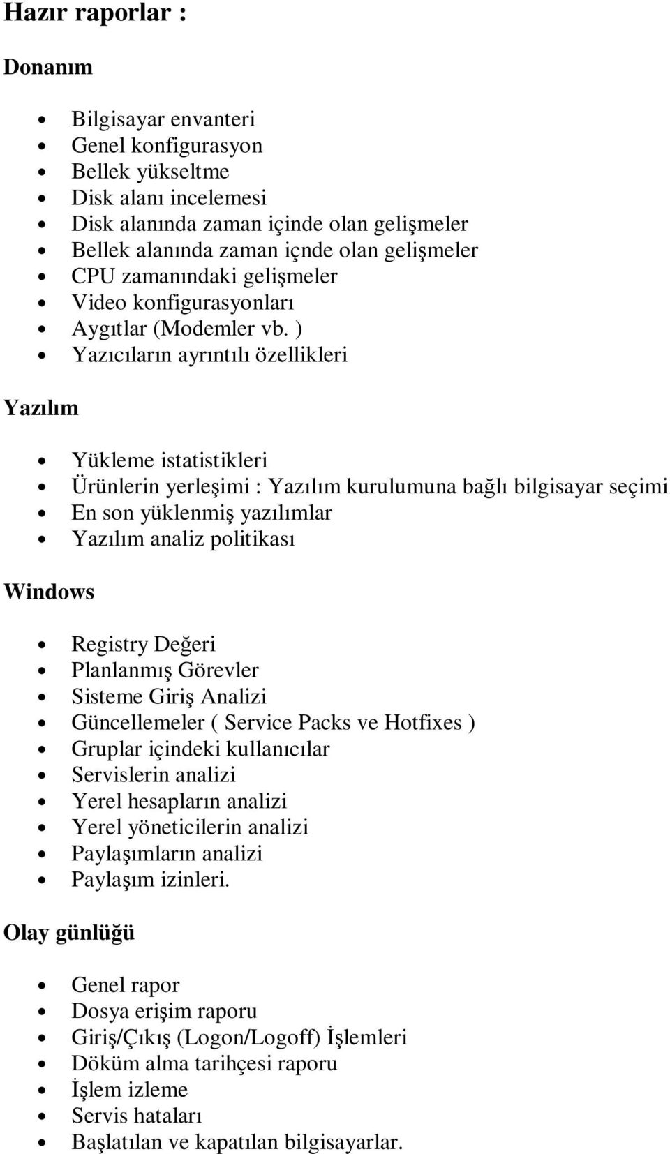 ) Yazıcıların ayrıntılı özellikleri Yazılım Yükleme istatistikleri Ürünlerin yerleşimi : Yazılım kurulumuna bağlı bilgisayar seçimi En son yüklenmiş yazılımlar Yazılım analiz politikası Windows