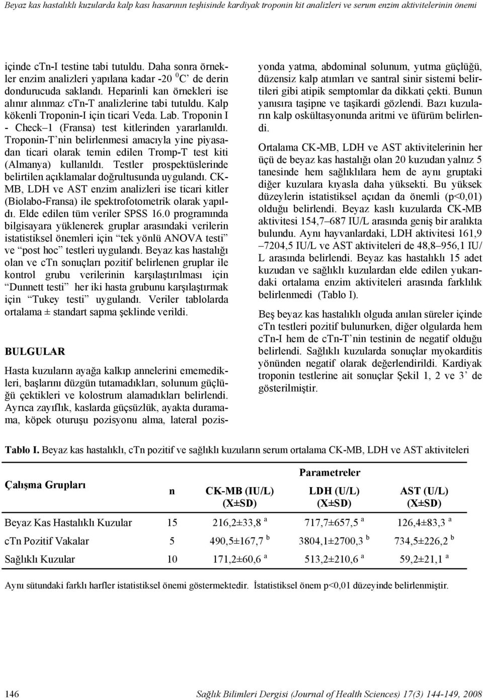 Kalp kökenli Troponin-I için ticari Veda. Lab. Troponin I - Check 1 (Fransa) test kitlerinden yararlanıldı.