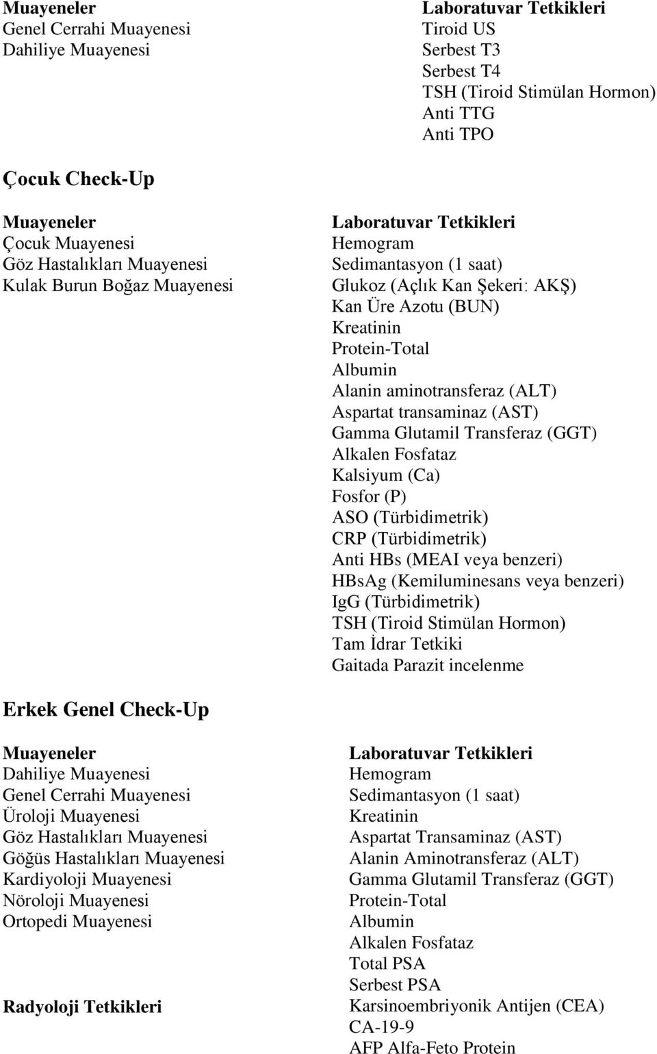 (Türbidimetrik) TSH (Tiroid Stimülan Hormon) Gaitada Parazit incelenme Erkek Genel Check-Up Üroloji Göğüs Hastalıkları Nöroloji Ortopedi Aspartat