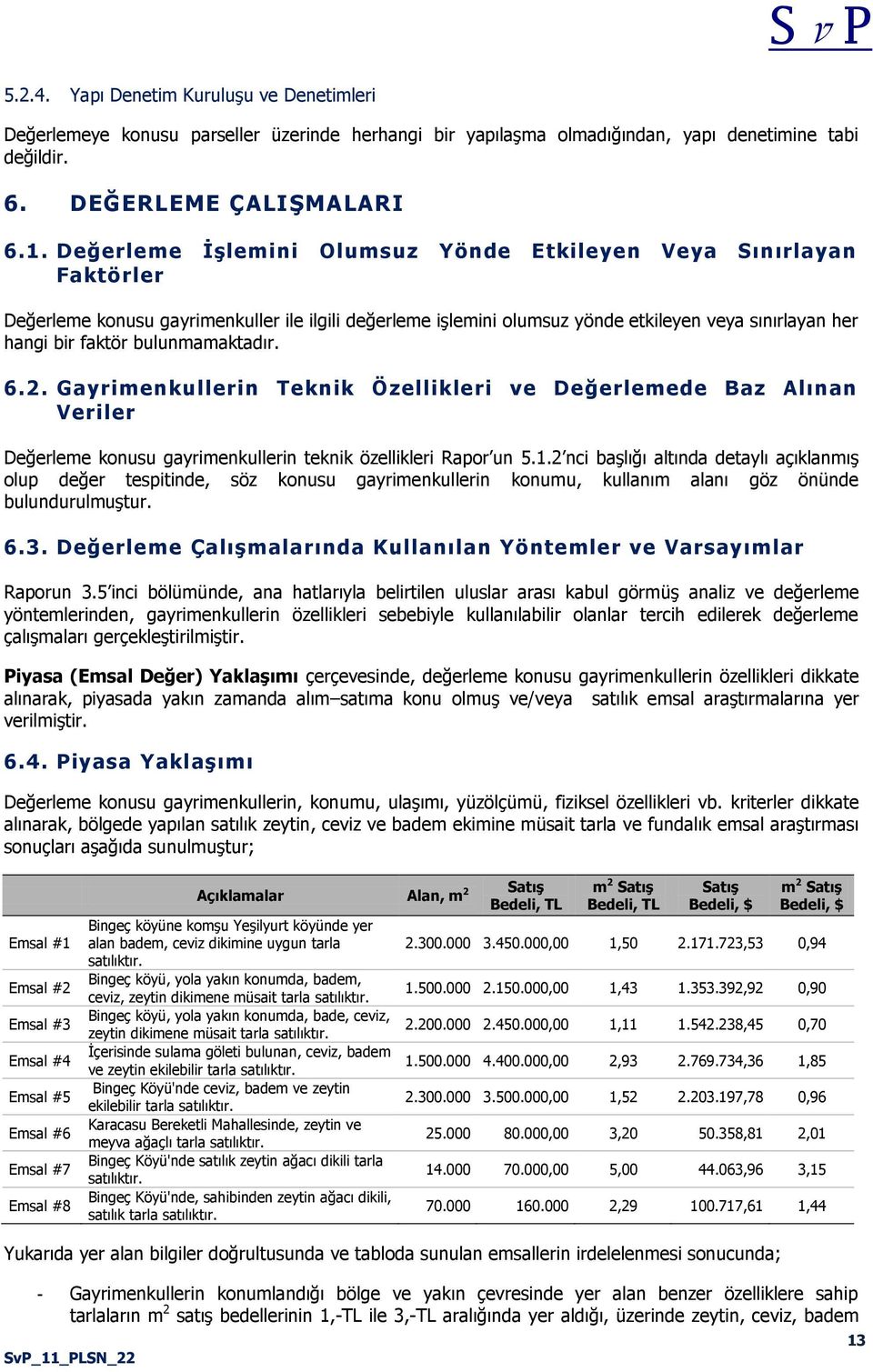 bulunmamaktadır. 6.2. Gayrimenkullerin Teknik Özellikleri ve Değerlemede Baz Alınan Veriler Değerleme konusu gayrimenkullerin teknik özellikleri Rapor un 5.1.