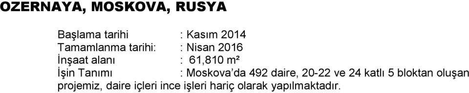 İşin Tanımı : Moskova da 492 daire, 20-22 ve 24 katlı 5