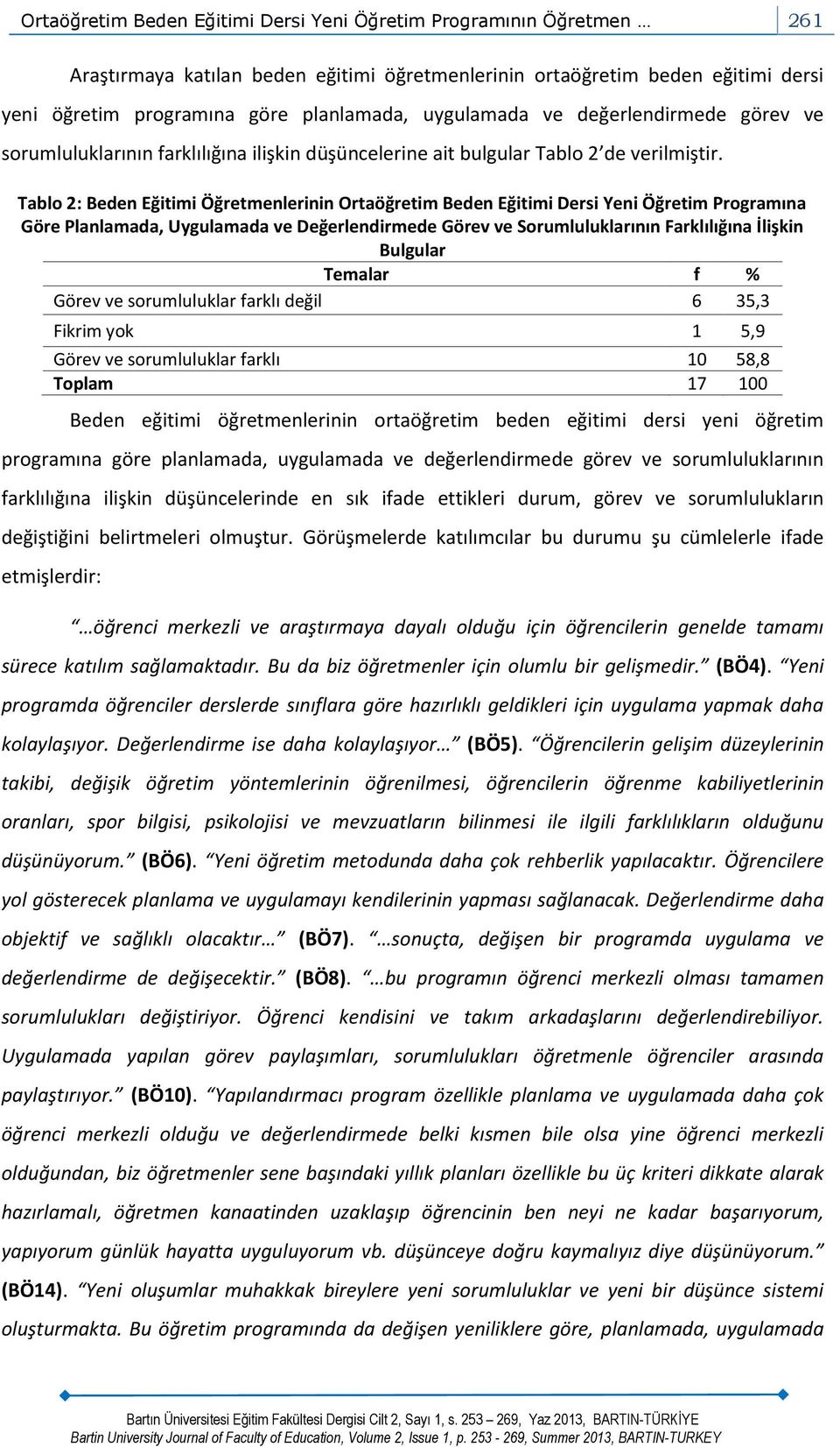 Tablo 2: Beden Eğitimi Öğretmenlerinin Ortaöğretim Beden Eğitimi Dersi Yeni Öğretim Programına Göre Planlamada, Uygulamada ve Değerlendirmede Görev ve Sorumluluklarının Farklılığına İlişkin Bulgular