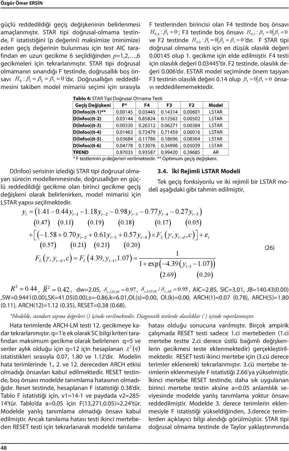 ekrarlanmışır. STAR ipi doğrusal olmamanın sınandığı F esinde, doğrusallık boş önsavı H0 : β = β = β3 = 0 dır.