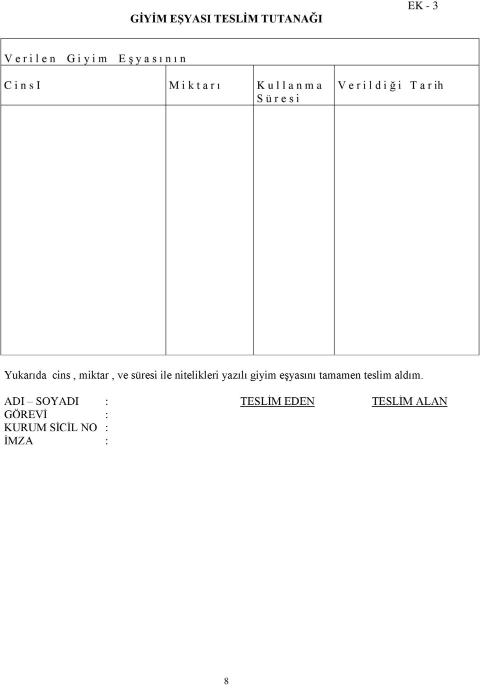 Yukarıda cins, miktar, ve süresi ile nitelikleri yazılı giyim eşyasını tamamen