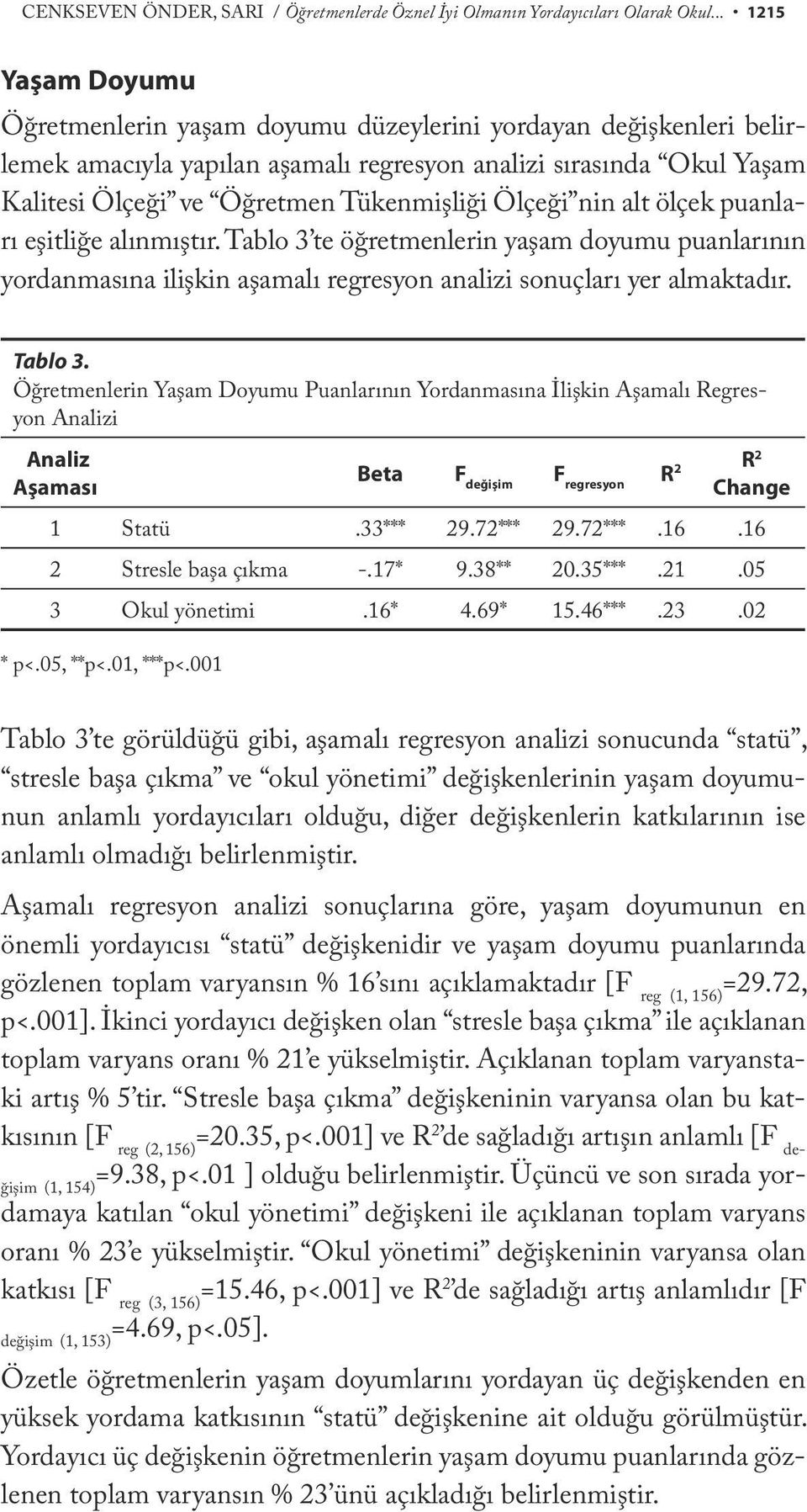 Ölçeği nin alt ölçek puanları eşitliğe alınmıştır. Tablo 3 