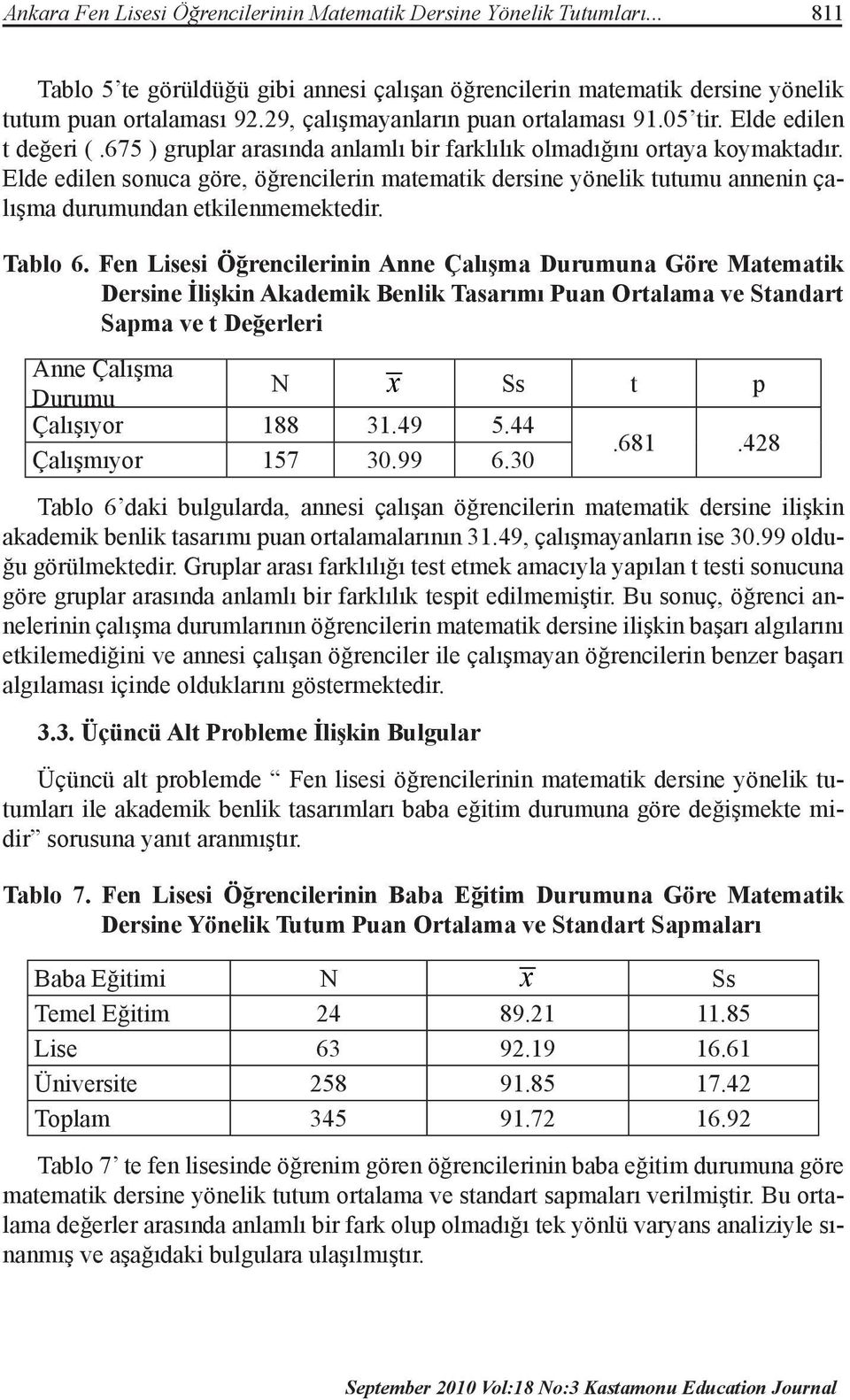 Elde edilen sonuca göre, öğrencilerin matematik dersine yönelik tutumu annenin çalışma durumundan etkilenmemektedir. Tablo 6.