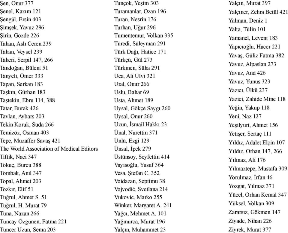 Naci 347 Tokuç, Burcu 388 Tombak, Anıl 347 Topal, Ahmet 203 Tozkır, Elif 51 Tuğrul, Ahmet S. 51 Tuğrul, H.