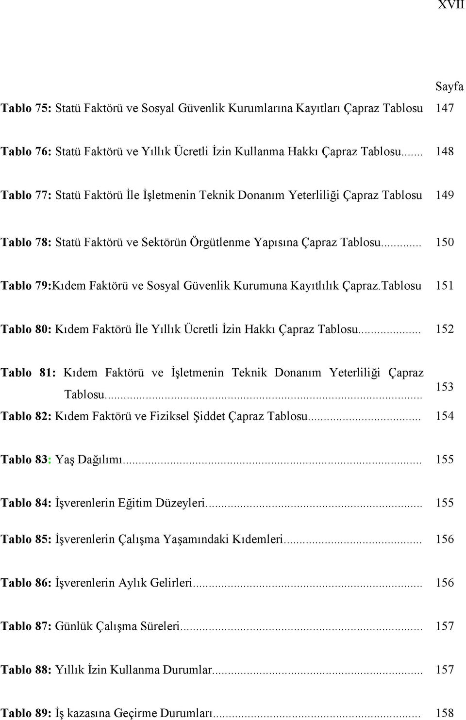 .. 150 Tablo 79:Kdem Faktörü ve Sosyal Güvenlik Kurumuna Kaytllk Çapraz.Tablosu 151 Tablo 80: Kdem Faktörü (le Yllk Ücretli (zin Hakk Çapraz Tablosu.